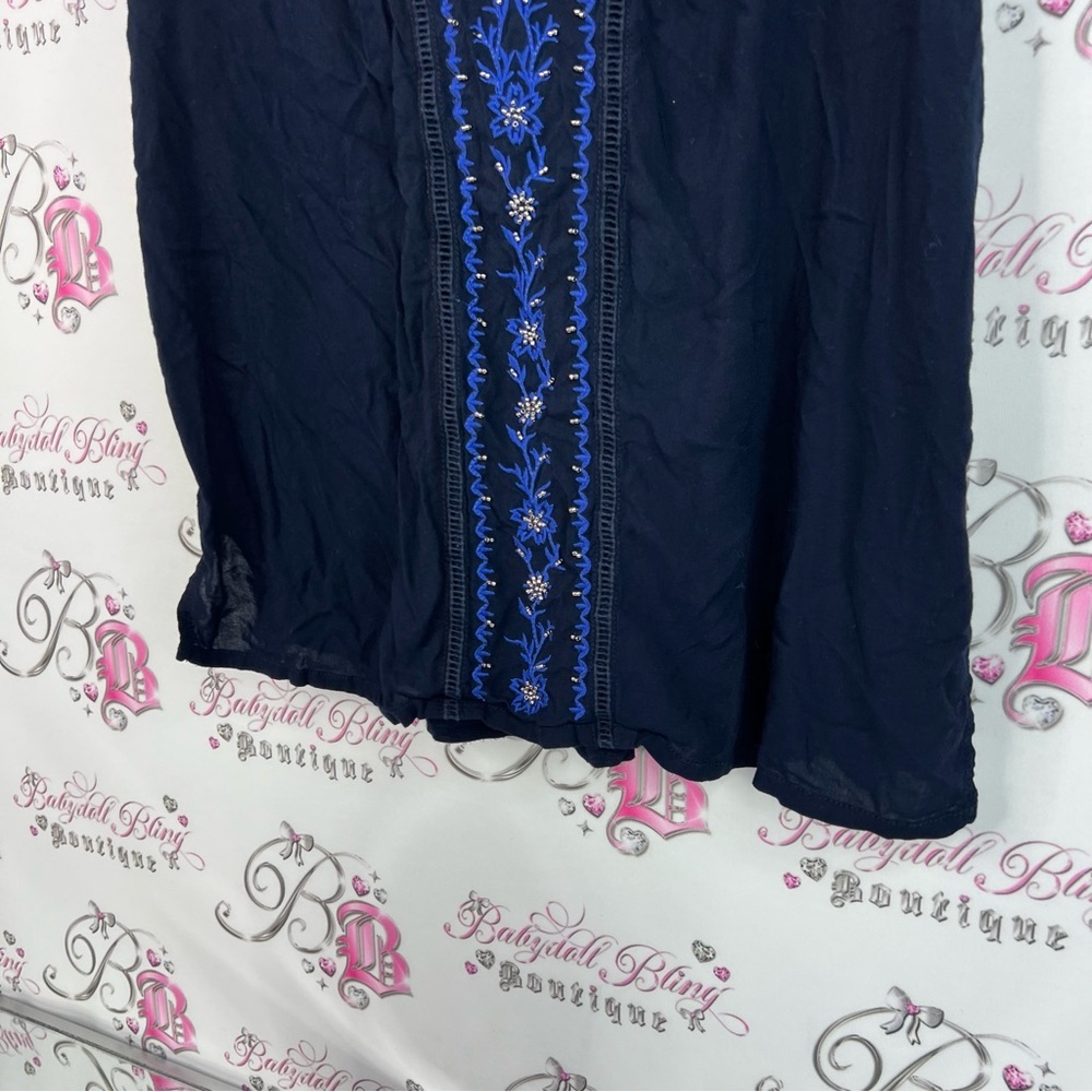 Tribal tank top embroidered Navy Blue Sleeveless Top floral flowers shirt - Picture 3 of 11